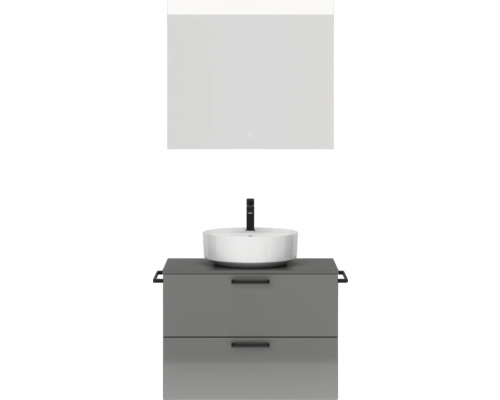Badmöbel-Set NOBILIA Modern BxHxT 80 x 169,1 x 49 cm Frontfarbe grau hochglanz mit Spiegel eckig mit LED-Beleuchtung Griff schwarz 652
