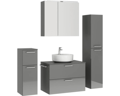 Badezimmermöbelset mit Waschtisch, Waschbecken, Spiegelschrank und Hochschrank