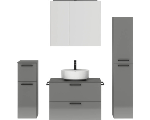 Badmöbel-Set NOBILIA Modern BxHxT 160 x 169,1 x 49 cm Frontfarbe grau hochglanz mit Spiegelschrank mit LED-Beleuchtung Unterschrank Midischrank Griff schwarz 684 Graues Badezimmerset mit Waschbecken, Unterschrank, Spiegelschrank und Hochschrank