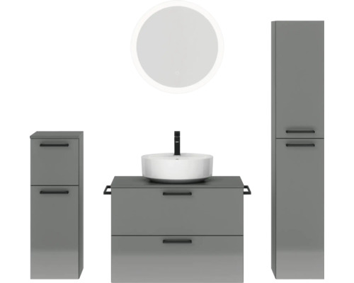 Badmöbel-Set NOBILIA Modern BxHxT 160 x 169,1 x 49 cm Frontfarbe grau hochglanz mit Spiegel rund mit LED-Beleuchtung Unterschrank Midischrank Griff schwarz 692 Modernes Badezimmer-Set mit Waschbecken, Unterschrank, Spiegelschrank und Hochschrank