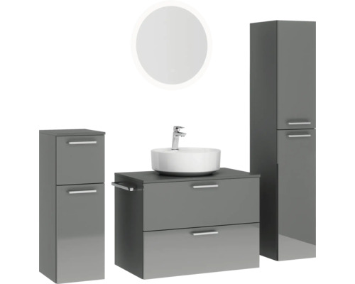 Badezimmerensemble mit Waschtisch, Aufsatzwaschbecken, Spiegelschrank und Hochschrank