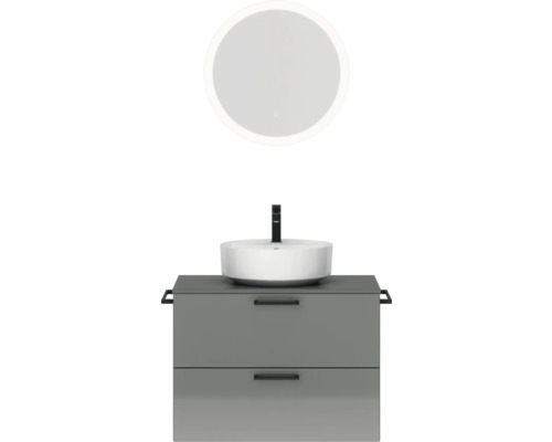Badmöbel-Set NOBILIA Modern BxHxT 80 x 169,1 x 49 cm Frontfarbe grau hochglanz mit Spiegel rund mit LED-Beleuchtung Griff schwarz 668