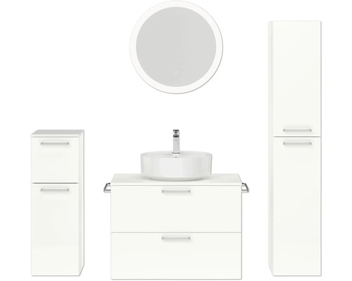 Badmöbel-Set NOBILIA Modern BxHxT 160 x 169,1 x 49 cm Frontfarbe weiß hochglanz mit Spiegel rund mit LED-Beleuchtung Unterschrank Midischrank Griff chrom matt 691 Badezimmer Set mit Waschtisch, Spiegel und Hochschrank