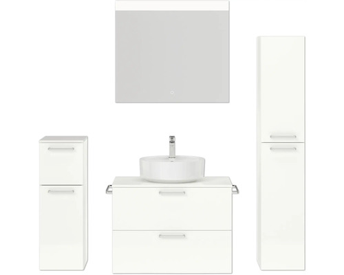 Badmöbel-Set NOBILIA Modern BxHxT 160 x 169,1 x 49 cm Frontfarbe weiß hochglanz mit Spiegel mit LED-Beleuchtung Unterschrank Midischrank Griff chrom matt 675