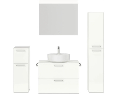 Badmöbel-Set NOBILIA Modern BxHxT 160 x 169,1 x 49 cm Frontfarbe weiß hochglanz mit Spiegel mit LED-Beleuchtung Unterschrank Midischrank Griff chrom matt 675 Modernes Badezimmerensemble mit Waschtisch, Spiegel und Schränken