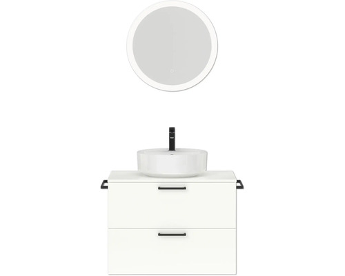 Badmöbel-Set NOBILIA Modern BxHxT 80 x 169,1 x 49 cm Frontfarbe weiß hochglanz mit Spiegel rund mit LED-Beleuchtung Griff schwarz 666