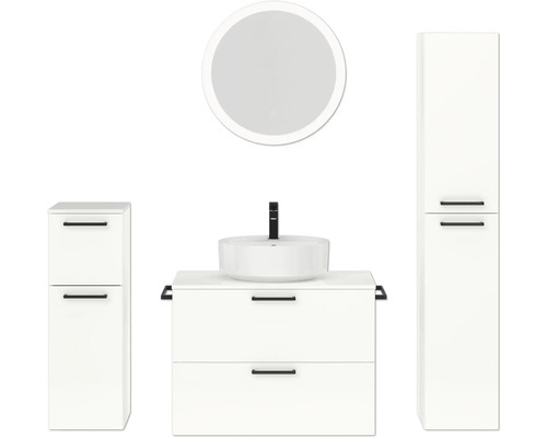 Badmöbel-Set NOBILIA Modern BxHxT 160 x 169,1 x 49 cm Frontfarbe weiß hochglanz mit Spiegel rund mit LED-Beleuchtung Unterschrank Midischrank Griff schwarz 690