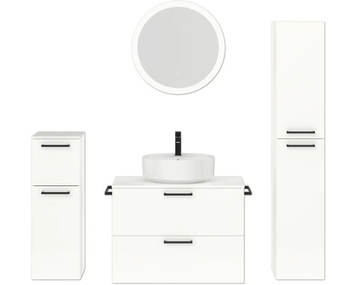 Badmöbel-Set NOBILIA Modern BxHxT 160 x 169,1 x 49 cm Frontfarbe weiß hochglanz mit Spiegel rund mit LED-Beleuchtung Unterschrank Midischrank Griff schwarz 690 Badezimmer-Set mit Waschtisch, Waschbecken, Spiegel und Hochschrank