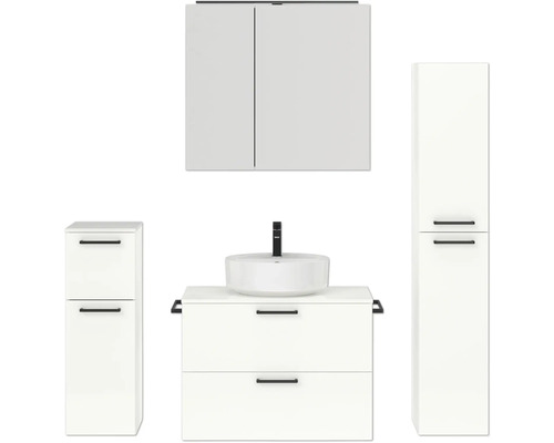 Badmöbel-Set NOBILIA Modern BxHxT 160 x 169,1 x 49 cm Frontfarbe weiß hochglanz mit Spiegelschrank mit LED-Beleuchtung Unterschrank Midischrank Griff schwarz 682 Badezimmergarnitur mit Waschtisch, Waschbecken, Spiegelschrank und Seitenschrank
