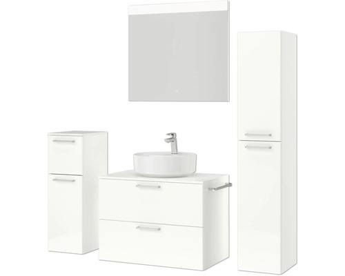 Badezimmerset mit Waschtisch, Waschbecken, Spiegelschrank und Hochschrank
