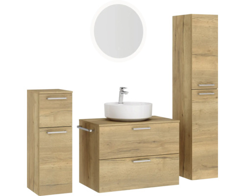 Badezimmerset mit Waschtisch, Waschbecken, Spiegelschrank und Hochschrank