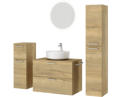 Badezimmerset mit Waschtisch, Waschbecken, Spiegelschrank und Hochschrank im Holzdesign