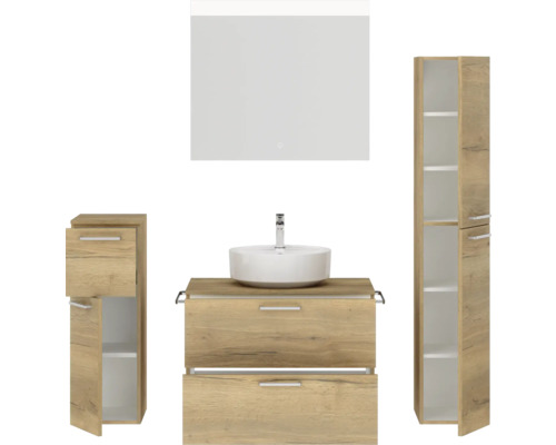 Badezimmer Set mit Waschbeckenunterschrank, Waschbecken, Spiegelschrank und Hochschrank