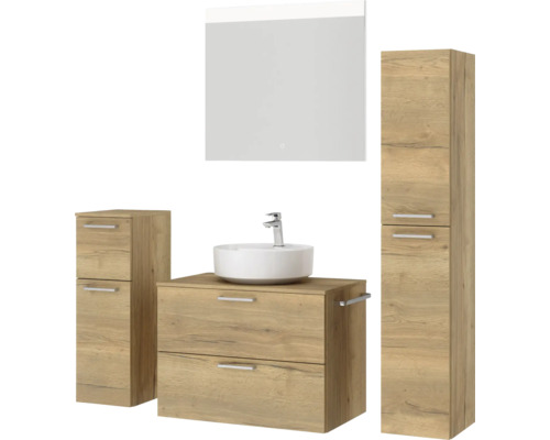Badezimmermöbelset mit Waschtischunterschrank, Waschbecken, Spiegelschrank und Hochschrank