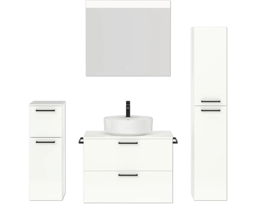 Badmöbel-Set NOBILIA Modern BxHxT 160 x 169,1 x 49 cm Frontfarbe weiß hochglanz mit Spiegel mit LED-Beleuchtung Unterschrank Midischrank Griff schwarz 674