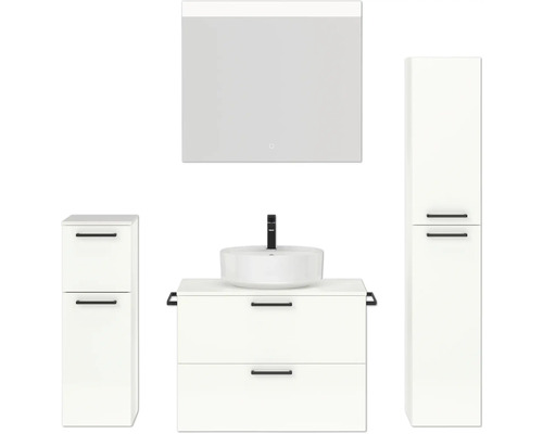 Badmöbel-Set NOBILIA Modern BxHxT 160 x 169,1 x 49 cm Frontfarbe weiß hochglanz mit Spiegel mit LED-Beleuchtung Unterschrank Midischrank Griff schwarz 674 Badezimmermöbelset mit Waschtisch, Waschbecken, Spiegelschrank und Hochschrank