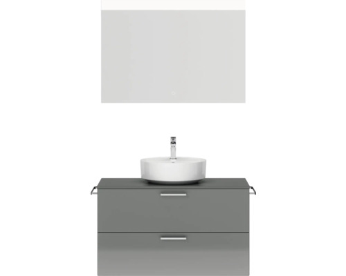 Badmöbel-Set NOBILIA Modern BxHxT 100 x 169,1 x 49 cm Frontfarbe grau hochglanz mit Spiegel eckig mit LED-Beleuchtung Griff chrom matt 709