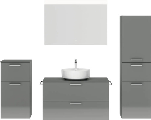Badmöbel-Set NOBILIA Modern BxHxT 180 x 169,1 x 49 cm Frontfarbe grau hochglanz mit Spiegel mit LED-Beleuchtung Unterschrank Midischrank Griff chrom matt 733 Badmöbel-Set NOBILIA Modern BxHxT 180 x 169,1 x 49 cm Frontfarbe grau hochglanz mit Spiegel mit LED-Beleuchtung Unterschrank Midischrank Griff chrom matt 733