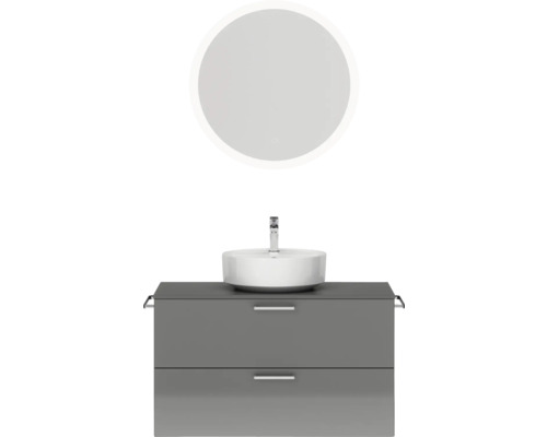 Badmöbel-Set NOBILIA Modern BxHxT 100 x 169,1 x 49 cm Frontfarbe grau hochglanz mit Spiegel rund mit LED-Beleuchtung Griff chrom matt 725