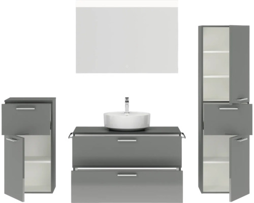 Graues Badezimmerset mit Waschtisch, Waschbecken, Spiegelschrank und Hochschrank