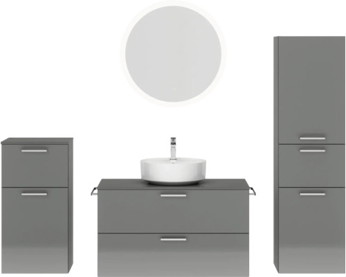 Badmöbel-Set NOBILIA Modern BxHxT 180 x 169,1 x 49 cm Frontfarbe grau hochglanz mit Spiegel rund mit LED-Beleuchtung Unterschrank Midischrank Griff chrom matt 749 Badmöbel-Set NOBILIA Modern BxHxT 180 x 169,1 x 49 cm Frontfarbe grau hochglanz mit Spiegel rund mit LED-Beleuchtung Unterschrank Midischrank Griff chrom matt 749