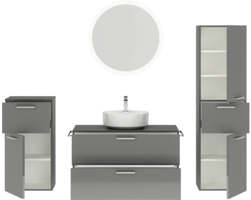 Badezimmer-Set mit Waschtisch, Waschbecken, Spiegelschrank und Hochschrank
