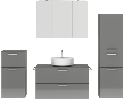 Badmöbel-Set NOBILIA Modern BxHxT 180 x 169,1 x 49 cm Frontfarbe grau hochglanz mit Spiegelschrank mit LED-Beleuchtung Unterschrank Midischrank Griff chrom matt 741 Graues Badezimmermöbelset mit Waschtisch, Waschbecken und Spiegelschrank