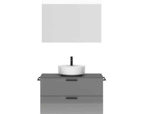 Badmöbel-Set NOBILIA Modern BxHxT 100 x 169,1 x 49 cm Frontfarbe grau hochglanz mit Spiegel eckig mit LED-Beleuchtung Griff schwarz 708