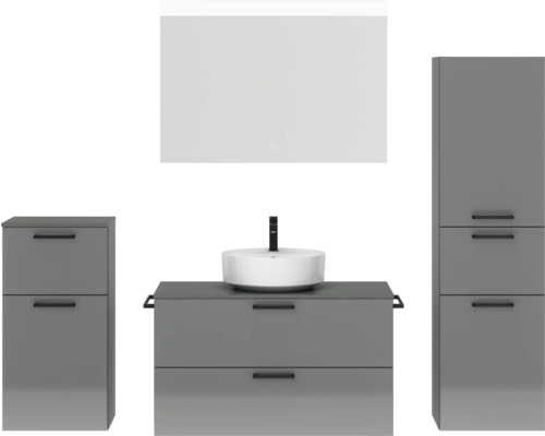 Badmöbel-Set NOBILIA Modern BxHxT 180 x 169,1 x 49 cm Frontfarbe grau hochglanz mit Spiegel mit LED-Beleuchtung Unterschrank Midischrank Griff schwarz 732 Badmöbel-Set NOBILIA Modern BxHxT 180 x 169,1 x 49 cm Frontfarbe grau hochglanz mit Spiegel mit LED-Beleuchtung Unterschrank Midischrank Griff schwarz 732