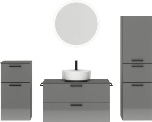 Badmöbel-Set NOBILIA Modern BxHxT 180 x 169,1 x 49 cm Frontfarbe grau hochglanz mit Spiegel rund mit LED-Beleuchtung Unterschrank Midischrank Griff schwarz 748 Badmöbel-Set NOBILIA Modern BxHxT 180 x 169,1 x 49 cm Frontfarbe grau hochglanz mit Spiegel rund mit LED-Beleuchtung Unterschrank Midischrank Griff schwarz 748