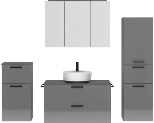 Badmöbel-Set NOBILIA Modern BxHxT 180 x 169,1 x 49 cm Frontfarbe grau hochglanz mit Spiegelschrank mit LED-Beleuchtung Unterschrank Midischrank Griff schwarz 740 Badezimmer-Set mit Waschtisch, Waschbecken, Spiegelschrank und Hochschrank