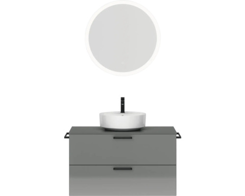 Badmöbel-Set NOBILIA Modern BxHxT 100 x 169,1 x 49 cm Frontfarbe grau hochglanz mit Spiegel rund mit LED-Beleuchtung Griff schwarz 724