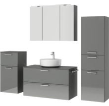 Badezimmermöbelset mit Waschtisch, Waschbecken, Spiegelschrank und Hochschrank
