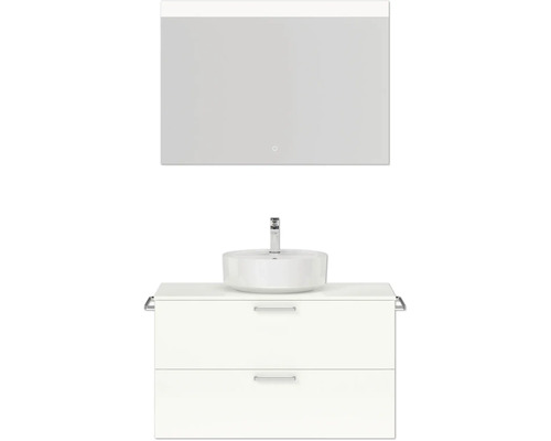 Badmöbel-Set NOBILIA Modern BxHxT 100 x 169,1 x 49 cm Frontfarbe weiß hochglanz mit Spiegel eckig mit LED-Beleuchtung Griff chrom matt 707