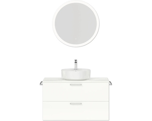 Badmöbel-Set NOBILIA Modern BxHxT 100 x 169,1 x 49 cm Frontfarbe weiß hochglanz mit Spiegel rund mit LED-Beleuchtung Griff chrom matt 723