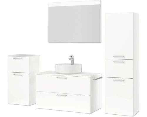 Badezimmer-Set mit Waschtisch, Aufsatzwaschbecken, Spiegelschrank und Hochschrank