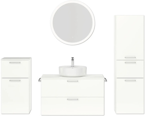Badmöbel-Set NOBILIA Modern BxHxT 180 x 169,1 x 49 cm Frontfarbe weiß hochglanz mit Spiegel rund mit LED-Beleuchtung Unterschrank Midischrank Griff chrom matt 747 Badmöbel-Set NOBILIA Modern BxHxT 180 x 169,1 x 49 cm Frontfarbe weiß hochglanz mit Spiegel rund mit LED-Beleuchtung Unterschrank Midischrank Griff chrom matt 747