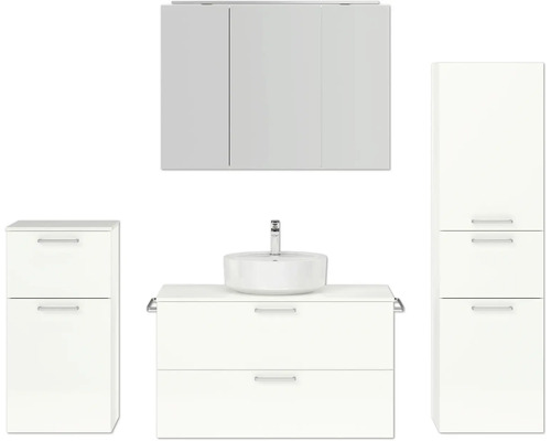 Badmöbel-Set NOBILIA Modern BxHxT 180 x 169,1 x 49 cm Frontfarbe weiß hochglanz mit Spiegelschrank mit LED-Beleuchtung Unterschrank Midischrank Griff chrom matt 739 Weißes Badezimmerset mit Waschtisch, Waschbecken, Spiegelschrank und Hochschrank