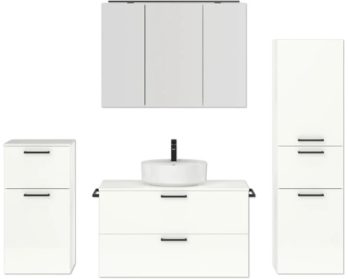 Badmöbel-Set NOBILIA Modern BxHxT 180 x 169,1 x 49 cm Frontfarbe weiß hochglanz mit Spiegelschrank mit LED-Beleuchtung Unterschrank Midischrank Griff schwarz 738 Badezimmer-Set mit Waschbecken, Unterschrank, Spiegelschrank und Hochschrank