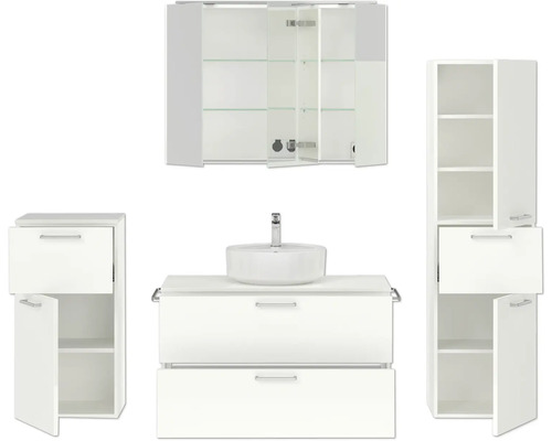 Badezimmer Set mit Waschbecken, Unterschrank, Spiegelschrank und Hochschrank