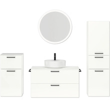 Badmöbel-Set NOBILIA Modern BxHxT 180 x 169,1 x 49 cm Frontfarbe weiß hochglanz mit Spiegel rund mit LED-Beleuchtung Unterschrank Midischrank Griff schwarz 746