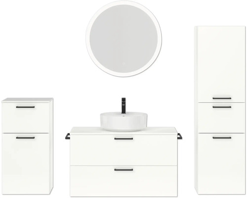 Badmöbel-Set NOBILIA Modern BxHxT 180 x 169,1 x 49 cm Frontfarbe weiß hochglanz mit Spiegel rund mit LED-Beleuchtung Unterschrank Midischrank Griff schwarz 746 Badmöbel-Set NOBILIA Modern BxHxT 180 x 169,1 x 49 cm Frontfarbe weiß hochglanz mit Spiegel rund mit LED-Beleuchtung Unterschrank Midischrank Griff schwarz 746