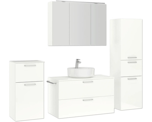 Weißes Badezimmermöbelset mit Waschbecken, Spiegelschrank und Hochschrank