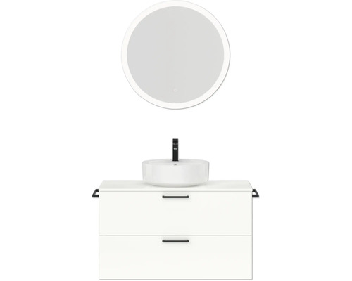 Badmöbel-Set NOBILIA Modern BxHxT 100 x 169,1 x 49 cm Frontfarbe weiß hochglanz mit Spiegel rund mit LED-Beleuchtung Griff schwarz 722