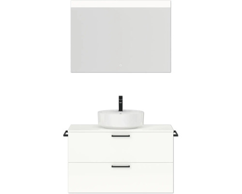 Badmöbel-Set NOBILIA Modern BxHxT 100 x 169,1 x 49 cm Frontfarbe weiß hochglanz mit Spiegel eckig mit LED-Beleuchtung Griff schwarz 706