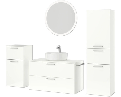 Badezimmerensemble mit Waschtisch, Aufsatzwaschbecken, Spiegelschrank und Hochschrank