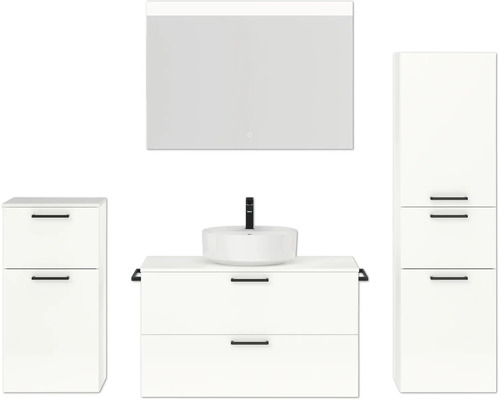 Badmöbel-Set NOBILIA Modern BxHxT 180 x 169,1 x 49 cm Frontfarbe weiß hochglanz mit Spiegel mit LED-Beleuchtung Unterschrank Midischrank Griff schwarz 730 Badmöbel-Set NOBILIA Modern BxHxT 180 x 169,1 x 49 cm Frontfarbe weiß hochglanz mit Spiegel mit LED-Beleuchtung Unterschrank Midischrank Griff schwarz 730
