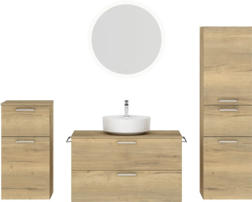 Badmöbel-Set NOBILIA Modern BxHxT 180 x 169,1 x 49 cm Frontfarbe eiche hell mit Spiegel rund mit LED-Beleuchtung Unterschrank Midischrank Griff chrom matt 751 Badmöbel-Set NOBILIA Modern BxHxT 180 x 169,1 x 49 cm Frontfarbe eiche hell mit Spiegel rund mit LED-Beleuchtung Unterschrank Midischrank Griff chrom matt 751