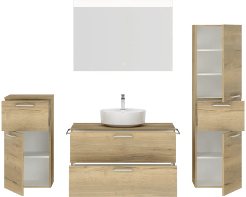 Kompletter Waschtisch mit Spiegel, Waschbeckenunterschrank und Seitenschränken