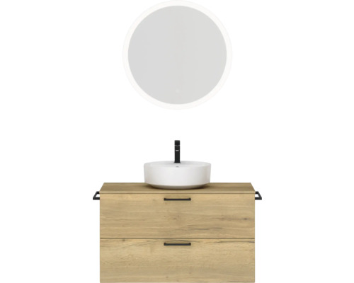 Badmöbel-Set NOBILIA Modern BxHxT 100 x 169,1 x 49 cm Frontfarbe eiche hell mit Spiegel rund mit LED-Beleuchtung Griff schwarz 726